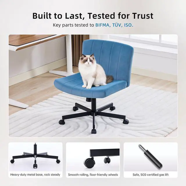 Alt view image 5 of 7 - amseatec Criss Cross Chair, Wide Cross Legged Desk Chair with Wheels, Comfy Fabric Vanity Chair for Home Office, Adjustable Armless Swivel Task Chair with 90115°Tilt300Lbs/Navy