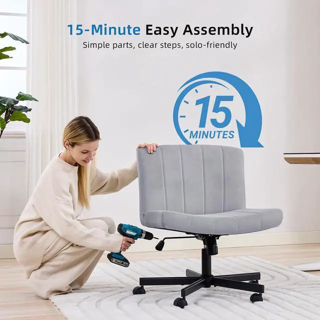 Alt view image 7 of 7 - amseatec Criss Cross Chair, Wide Cross Legged Desk Chair with Wheels, Comfy Fabric Vanity Chair for Home Office, Adjustable Armless Swivel Task Chair with 90115°Tilt300Lbs/Gray