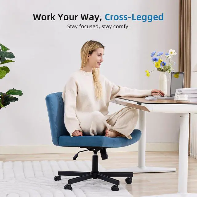 Alt view image 3 of 7 - amseatec Criss Cross Chair, Wide Cross Legged Desk Chair with Wheels, Comfy Fabric Vanity Chair for Home Office, Adjustable Armless Swivel Task Chair with 90115°Tilt300Lbs/Navy