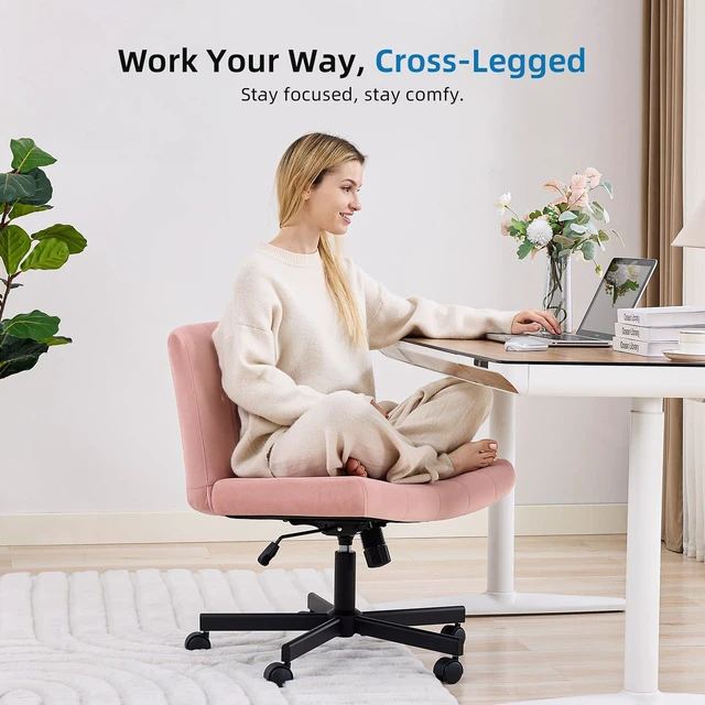Alt view image 3 of 7 - amseatec Criss Cross Chair, Wide Cross Legged Desk Chair with Wheels, Comfy Fabric Vanity Chair for Home Office, Adjustable Armless Swivel Task Chair with 90115°Tilt300Lbs/Pink