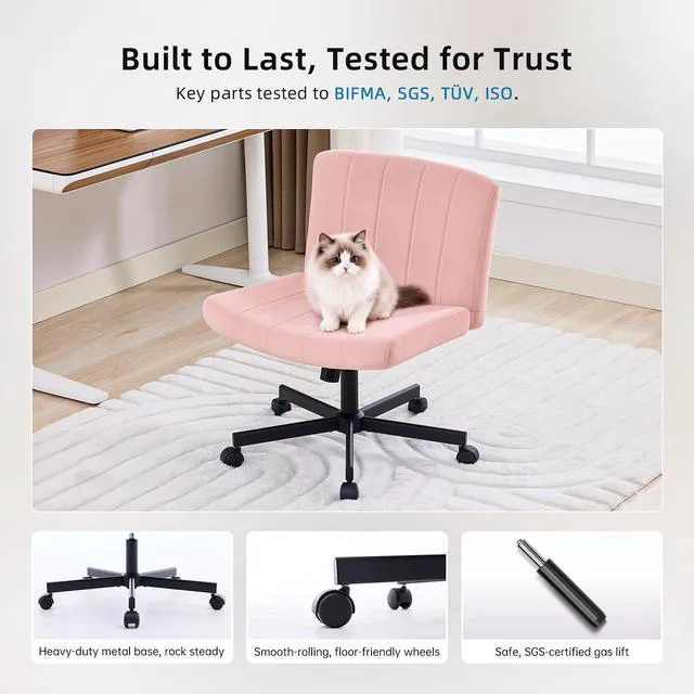 Alt view image 6 of 7 - amseatec Criss Cross Chair, Wide Cross Legged Desk Chair with Wheels, Comfy Fabric Vanity Chair for Home Office, Adjustable Armless Swivel Task Chair with 90115°Tilt300Lbs/Pink