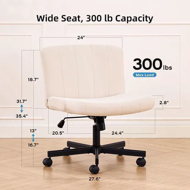 Alt view image 2 of 7 - Criss Cross Chair, Wide Cross Legged Desk Chair with Wheels, Comfy Fabric Vanity Chair for Home Office, Adjustable Armless Swivel Task Chair with 90115°Tilt300Lbs/Beige