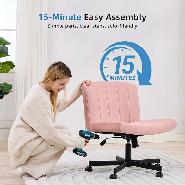 Alt view image 7 of 7 - amseatec Criss Cross Chair, Wide Cross Legged Desk Chair with Wheels, Comfy Fabric Vanity Chair for Home Office, Adjustable Armless Swivel Task Chair with 90115°Tilt300Lbs/Pink