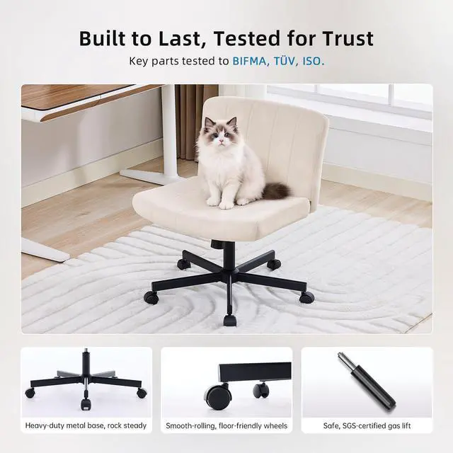 Alt view image 5 of 7 - Criss Cross Chair, Wide Cross Legged Desk Chair with Wheels, Comfy Fabric Vanity Chair for Home Office, Adjustable Armless Swivel Task Chair with 90115°Tilt300Lbs/Beige