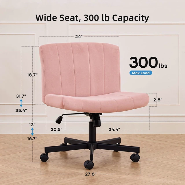 Alt view image 2 of 7 - amseatec Criss Cross Chair, Wide Cross Legged Desk Chair with Wheels, Comfy Fabric Vanity Chair for Home Office, Adjustable Armless Swivel Task Chair with 90115°Tilt300Lbs/Pink