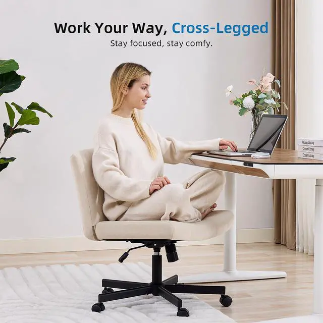 Alt view image 3 of 7 - Criss Cross Chair, Wide Cross Legged Desk Chair with Wheels, Comfy Fabric Vanity Chair for Home Office, Adjustable Armless Swivel Task Chair with 90115°Tilt300Lbs/Beige