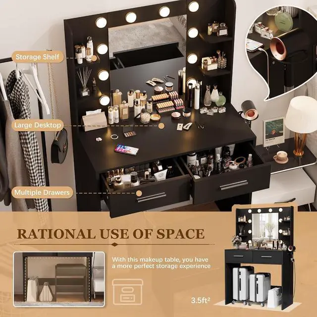 Alt view image 4 of 7 - Make up Vanity Desk with Mirror and Power Outlet, Vanity with 3 Color Light Options Adjustable Brightness,Vanity Desk with 2 Drawers, 6 Storage Shelves (Black, No Bench)
