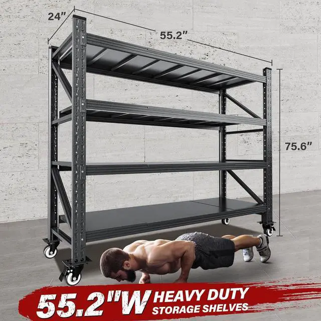 Alt view image 2 of 7 - 75.6" Tall Storage Shelves with Wheels,Rolling Heavy Duty Garage Shelving Units,Black Metal Garage Shelves,Deep Steel Shelf,Wide Large Storage Rack,Industrial Shelving for Shop,Warehouse,Basement