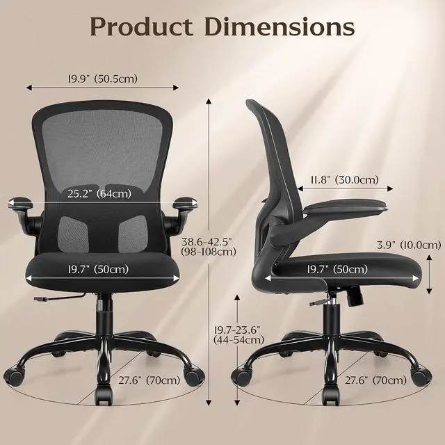 Alt view image 3 of 7 - Office Desk Chairs, Ergonomic PC Desk Chair with Wheels, Adjustable Lumbar Support and Height, Swivel Computer Chair with Flip-up Armrests, Ergo Mesh Backrest for Working (Black)