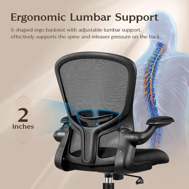 Alt view image 4 of 7 - Office Desk Chairs, Ergonomic PC Desk Chair with Wheels, Adjustable Lumbar Support and Height, Swivel Computer Chair with Flip-up Armrests, Ergo Mesh Backrest for Working (Black)