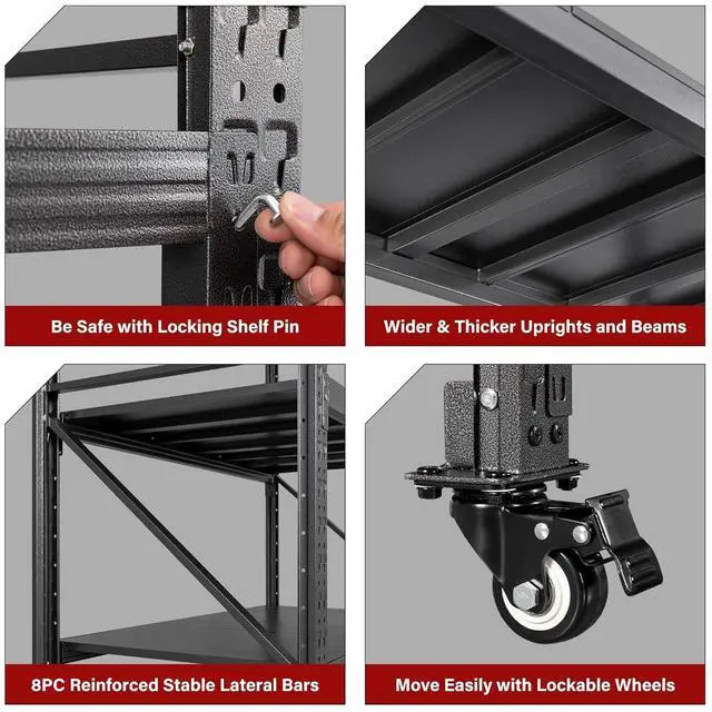 Alt view image 6 of 7 - 75.6" Tall Storage Shelves with Wheels,Rolling Heavy Duty Garage Shelving Units,Black Metal Garage Shelves,Deep Steel Shelf,Wide Large Storage Rack,Industrial Shelving for Shop,Warehouse,Basement