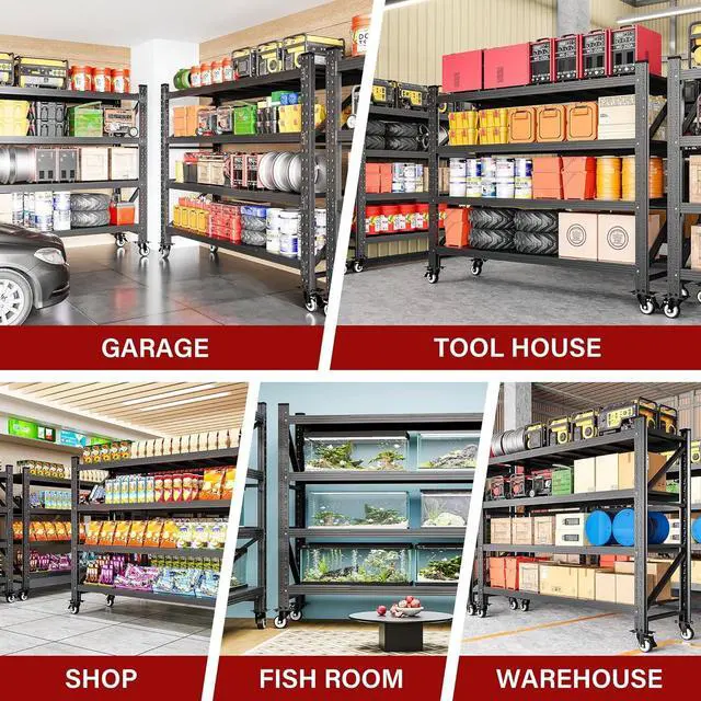 Alt view image 5 of 7 - 75.6" Tall Storage Shelves with Wheels,Rolling Heavy Duty Garage Shelving Units,Black Metal Garage Shelves,Deep Steel Shelf,Wide Large Storage Rack,Industrial Shelving for Shop,Warehouse,Basement