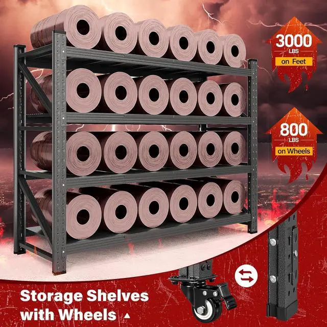 Alt view image 3 of 7 - 75.6" Tall Storage Shelves with Wheels,Rolling Heavy Duty Garage Shelving Units,Black Metal Garage Shelves,Deep Steel Shelf,Wide Large Storage Rack,Industrial Shelving for Shop,Warehouse,Basement