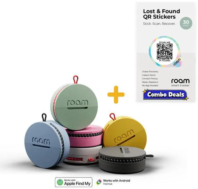 Main image of Roam Smart Tracker Bundle 8-Pack + 30 QR Stickers - No Subscription; Apple & Android