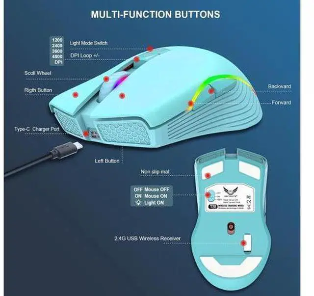 Alt view image 5 of 7 - DIXSG Rechargeable Wireless Gaming Mouse, RGB LED Backlit Mouse with 4 Adjustable DPI, 7 Button, 2.4G USB Optical Gaming Ergonomic Computer Mice for Laptop PC Gamer Computer Desktop (Green) giyqxHw