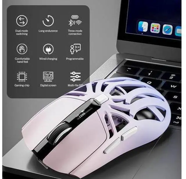 Alt view image 7 of 7 - DIXSG Wireless Gaming Mouse, 10000 DPI, Tri-Mode 2.4GHz/Bluetooth/Wired Mouse, 6 Buttons, Digital Display, Silent Mice, Rechargeable, Customizable Macro and RGB Backlight for PC/Mac/Laptop (Purple)