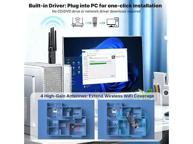 Alt view image 4 of 6 - DIXSG USB WiFi Adapter for PC WiFi Adapter 1800Mbps Max Speed 4 High-Gain WiFi Antennas Ultra-Long Range Signal Reception Wireless Wifi6 Adapter for Desktops&Laptops PC Dual-Network Card connectivity