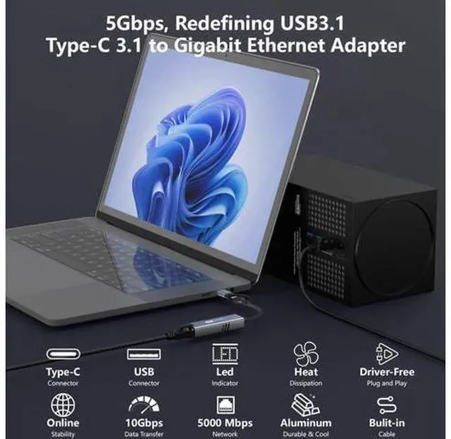 Alt view image 2 of 7 - DIXSG USB to Ethernet Adapter 5Gbps, Aluminum Driver Free USB-C to RJ45 5000Mbps Gigabit Ethernet LAN Network Adapter for i-Phone 16, iPad, Galaxy S25,Switch,Laptop, PC, MacBook,Windows, MacOS, Linux