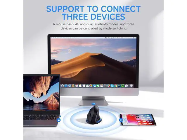 Alt view image 2 of 7 - DIXSG Ergonomic Wireless Mouse, Bluetooth Vertical Mouse with LED Light, Control Up to 3 Devices (BT5.0+BT5.0+2.4GHz), Adjustable DPI 2400/1600/1000, Bluetooth Mouse for PC, Laptop, Mac, Windows