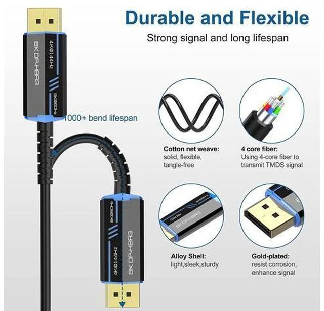 Alt view image 2 of 7 - 8K Long DP Fiber Optic Cable 330FT/100M,AUBEAMTO Displayport 1.4 Cable, 32.4Gbps Ultra High Speed, 8K@60Hz, 4K@144Hz, Support HBR3, DSC 1.2, HDR10, Compatible with Graphics Card, Projector, Monitor