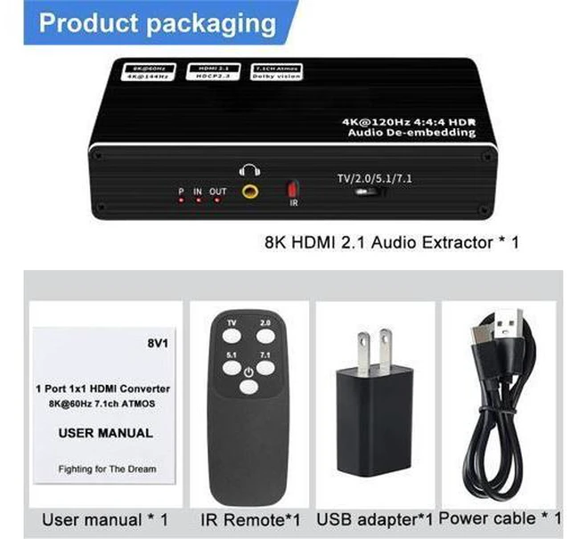Alt view image 7 of 7 - AUBEAMTO 8K 60Hz HDMI 2.1 Audio Extractor With 7.1CH Atmos & Optical Toslink 48Gbps HDMI Audio Splitter 8K 60Hz HDMI Audio Converter for PS5 XBox One