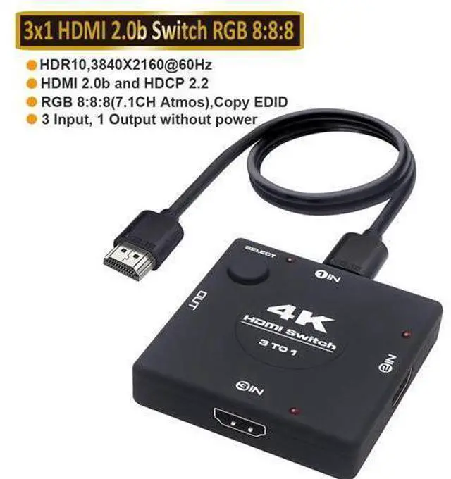 Main image of 4K 60hz HDMI Switch,AUBEAMTO Upgraded HDMI Selector Switch Splitter 3 in 1 Out, 4K HDMI Switcher Supports Ultra HD, 1080P, 3D, HDR, HDCP 2.2, 3 Port HDMI 2.0 Switch for Gaming XBX/PS5/PC/Monitor/TV