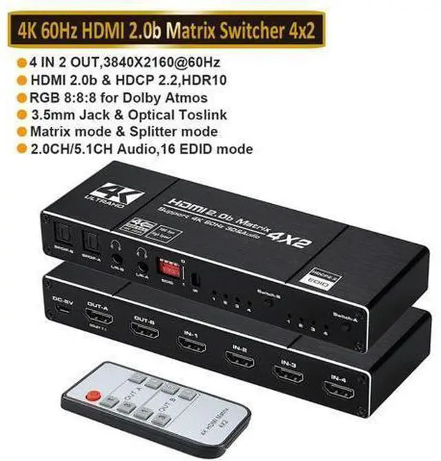 Main image of HDMI Matrix 4x2,AUBEAMTO 4K@60Hz HDMI Matrix Switch 4 in 2 Out with EDID Extractor and IR Remote Control, Support HDMI 2.0b, HDCP2.2, HDR10, Ultra HD, 3D