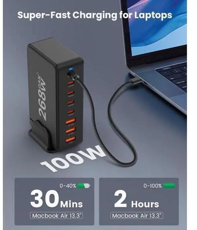 Alt view image 2 of 7 - WISDUM USB C Charger, 268W 8-Port Fast USB Charging Station with 5 USB-C + 3 USB-A, Portable Multiport USB C Wall Charger for iPhone 15-12 Series, iPad Pro, MacBook, Galaxy, Pixel, Switch, and More