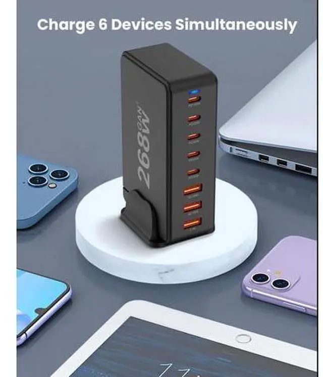 Alt view image 5 of 7 - WISDUM USB C Charger, 268W 8-Port Fast USB Charging Station with 5 USB-C + 3 USB-A, Portable Multiport USB C Wall Charger for iPhone 15-12 Series, iPad Pro, MacBook, Galaxy, Pixel, Switch, and More