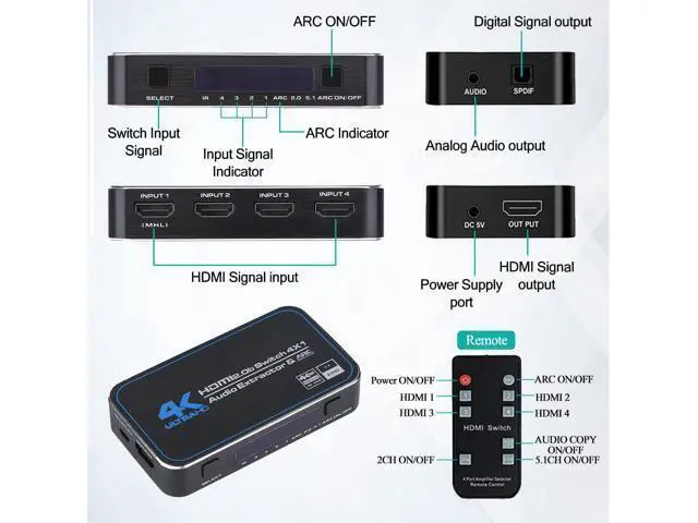 Alt view image 2 of 7 - HDMI Switch 4x1 with Audio Extractor, AUBEAMTO 4K@60Hz Ultra HD HDMI Switcher with Optical TOSLINK SPDIF, 3.5mm Audio Support ARC Function, 3D, 1080P @120Hz, 4Kx2k @60Hz HDTV (IR Remote Control)