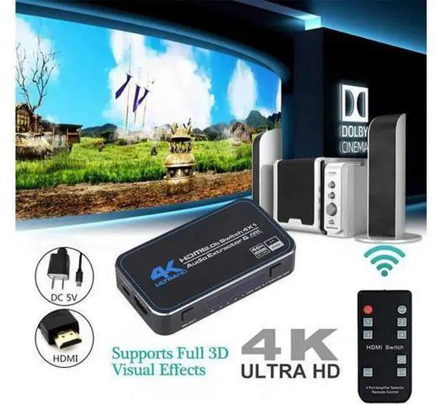 Alt view image 6 of 7 - HDMI Switch 4x1 with Audio Extractor, AUBEAMTO 4K@60Hz Ultra HD HDMI Switcher with Optical TOSLINK SPDIF, 3.5mm Audio Support ARC Function, 3D, 1080P @120Hz, 4Kx2k @60Hz HDTV (IR Remote Control)