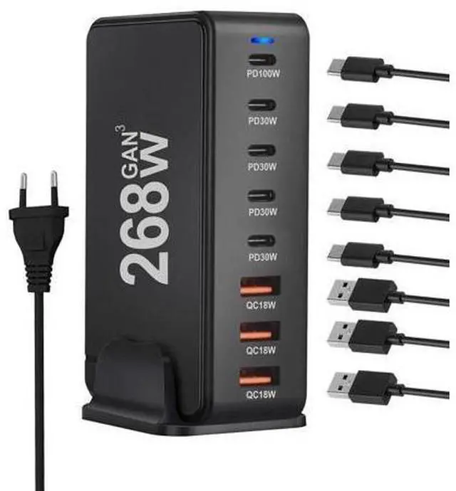 Main image of WISDUM USB C Charger, 268W 8-Port Fast USB Charging Station with 5 USB-C + 3 USB-A, Portable Multiport USB C Wall Charger for iPhone 15-12 Series, iPad Pro, MacBook, Galaxy, Pixel, Switch, and More