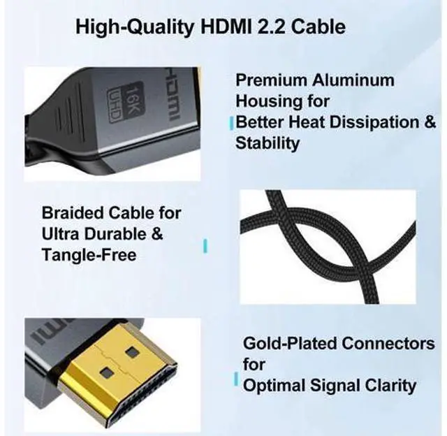Alt view image 6 of 7 - 16K HDMI 2.2 Cable 3.3FT, 96Gbps Ultra High Speed 16K@60Hz 8K@120Hz 4K@480Hz HDMI Cord, HDCP 2.3 & HDR10 HDMI Cables for PS5/Xbox Series X|S/Roku TV/Gaming PC/Monitor/Blu-ray/Projector