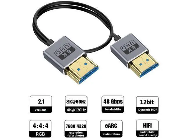Alt view image 2 of 5 - 1ft 8K@60Hz HDMI Cable, OD 2.5mm Ultra-Thin HDMI 2.1 Version UHD Cord, 48Gbps HDMI Upward Angle Male to Straight Male Coaxial Cable for GH5S, PS5, Xbox One, HDTV, Dynamic HDR,eARC