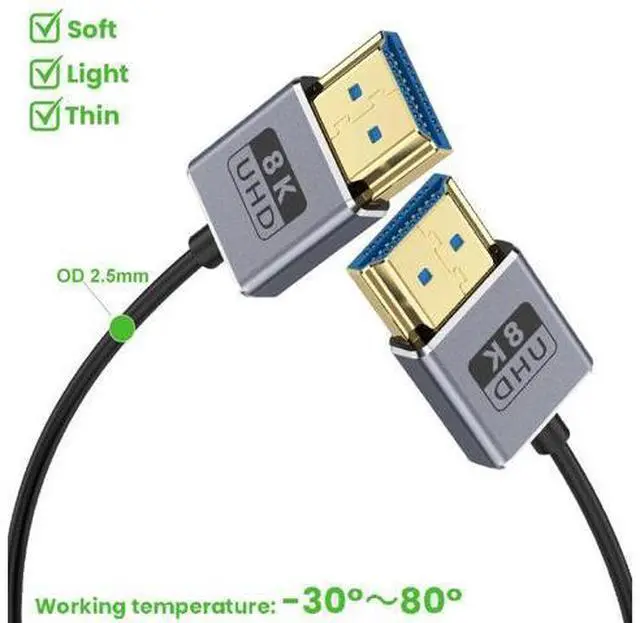 Alt view image 3 of 5 - 1ft 8K@60Hz HDMI Cable, OD 2.5mm Ultra-Thin HDMI 2.1 Version UHD Cord, 48Gbps HDMI Upward Angle Male to Straight Male Coaxial Cable for GH5S, PS5, Xbox One, HDTV, Dynamic HDR,eARC