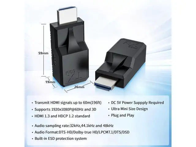 Alt view image 5 of 7 - 196FT HDMI Extender Over Single Ethernet Cat5e/6 Cable, Support Audio Video UHD 1080P@60Hz, HDMI Male to Male RJ45 Network LAN Extender 60M Converter Repeater, for HDTV, PC, PS3/4, Monitor