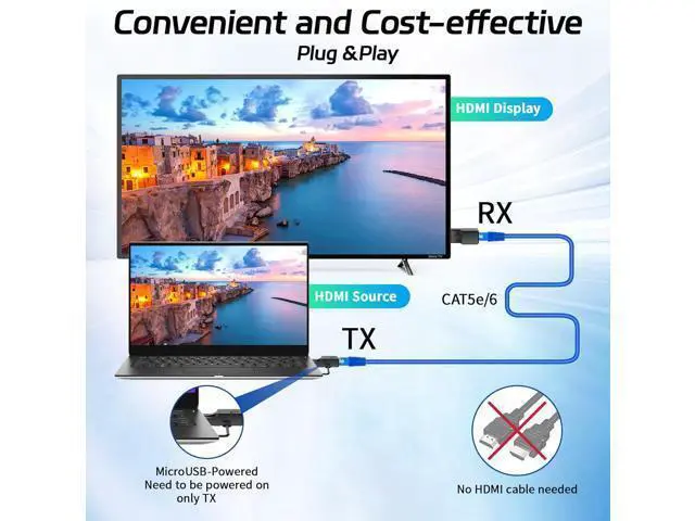 Alt view image 4 of 7 - 196FT HDMI Extender Over Single Ethernet Cat5e/6 Cable, Support Audio Video UHD 1080P@60Hz, HDMI Male to Male RJ45 Network LAN Extender 60M Converter Repeater, for HDTV, PC, PS3/4, Monitor