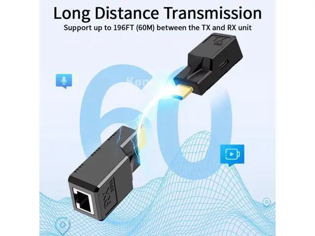 Alt view image 6 of 7 - 196FT HDMI Extender Over Single Ethernet Cat5e/6 Cable, Support Audio Video UHD 1080P@60Hz, HDMI Male to Male RJ45 Network LAN Extender 60M Converter Repeater, for HDTV, PC, PS3/4, Monitor