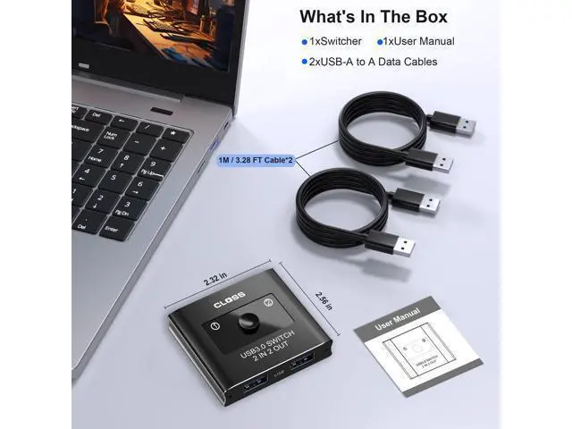 Alt view image 7 of 7 - USB 3.0 Switch 2 in 2 Out, USB Switcher for 2 Computers, Share Keyboard, Mouse, Printer, Scanner, KVM Switch Selector, Compatible with Windows, Mac, Linux, Includes 2 USB-A 3.0 Cables