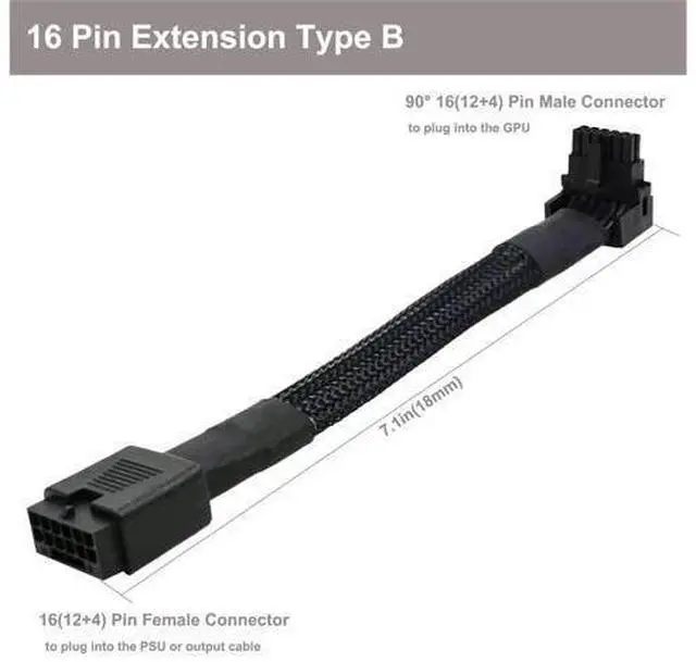 Alt view image 4 of 5 - 12VHPWR Cable, 16 Pin GPU PCIe 5.0 Female to Male Extension 90 Degree Angle 16AWG 600W Sleeved Adapter for 12+4pin RTX 4090 4080 4070Ti 3090Ti Graphic Card 7.1-inch (Type B)