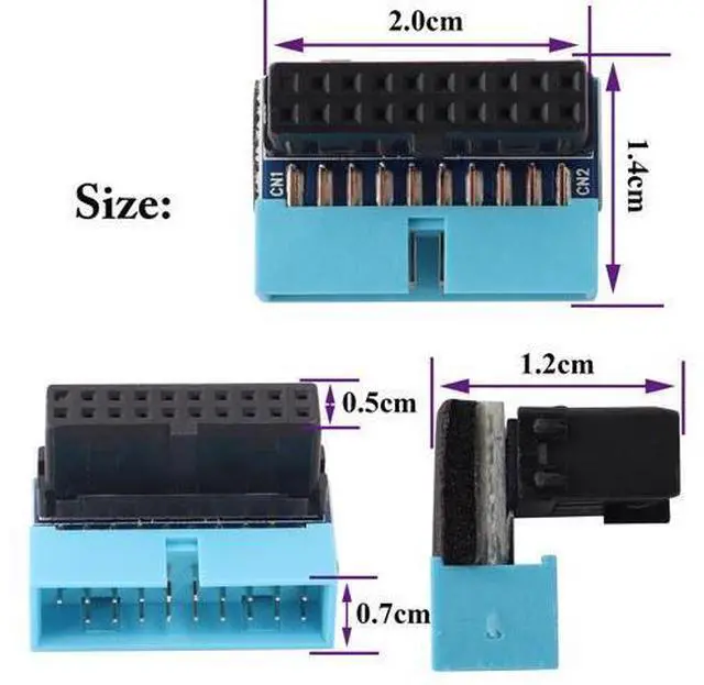Alt view image 2 of 7 - 2 Pack Down Right Angle USB 3.0 19-pin Connector 90 Degree 19Pin/20Pin 3.0 USB Female to Male Extension Power Adapter Board for Desktop Motherboard Internal Header Adapter(Down/Blue-20Pin)