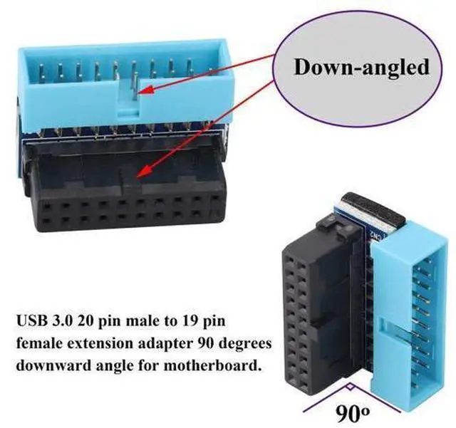 Alt view image 4 of 7 - 2 Pack Down Right Angle USB 3.0 19-pin Connector 90 Degree 19Pin/20Pin 3.0 USB Female to Male Extension Power Adapter Board for Desktop Motherboard Internal Header Adapter(Down/Blue-20Pin)