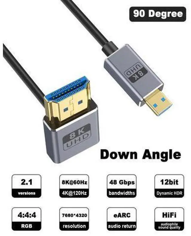 Alt view image 2 of 7 - Micro HDMI to HDMI 2.1 Cable, Down Angle HDMI Male to Micro HDMI Cable 8K@60Hz, 4K@240Hz, 48Gbps High Speed Compatible with Raspberry Pi 5/Pi 4/GoPro Hero 7 6/S.ony A6000 Camera 4FT/1.2M