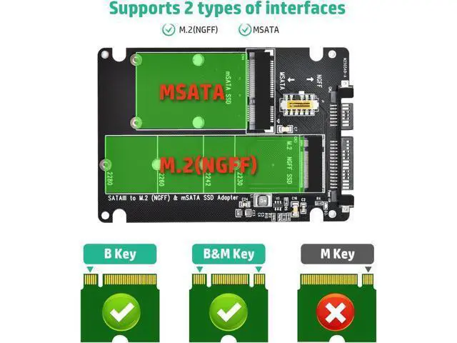 Alt view image 4 of 7 - M.2 to SATA Adapter - 2 in 1 Converter for MSATA/M.2 NGFF SSD to 2.5" SATA III, Supports B&M Key, Not for M Key