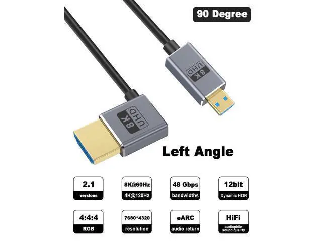 Alt view image 2 of 7 - Short Micro HDMI 2.1 Cable, 90 Degree Micro HDMI to HDMI Cable, Left Angle HDMI Male to Micro HDMI Cable 8K@60Hz, 4K@240Hz, 48Gbps High Speed for Camera 1FT/30cm