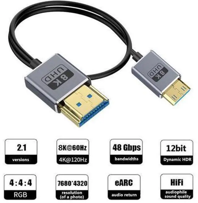 Alt view image 2 of 7 - 1ft Mini HDMI to HDMI 8K@60Hz UHD Cable, OD 2.5mm Ultra Thin HDMI 2.1 Cord, 48Gbps Straight Male Mini HDMI to Straight Male HDMI Cable