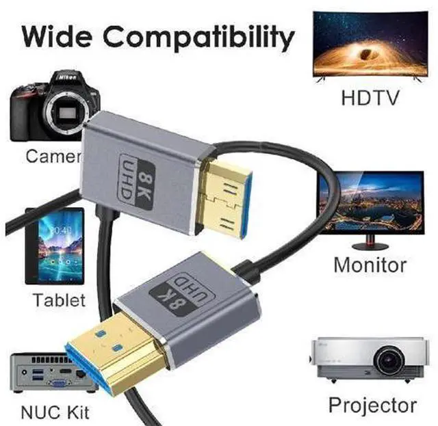 Alt view image 7 of 7 - 1ft Mini HDMI to HDMI 8K@60Hz UHD Cable, OD 2.5mm Ultra Thin HDMI 2.1 Cord, 48Gbps Straight Male Mini HDMI to Straight Male HDMI Cable