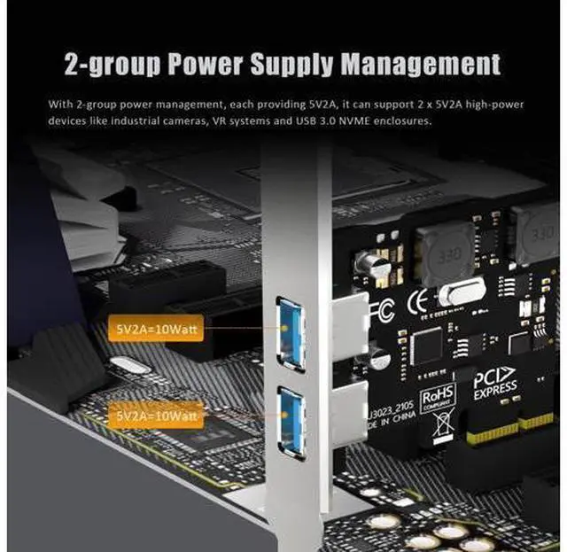 Alt view image 6 of 14 - Vszerda U3023 2-Port USB 3.0 Type-A 5Gb PCIe Expansion Card for Intel, AMD, and ARM Platform, Compatible with Windows and Linux (Not Support Mac OS)