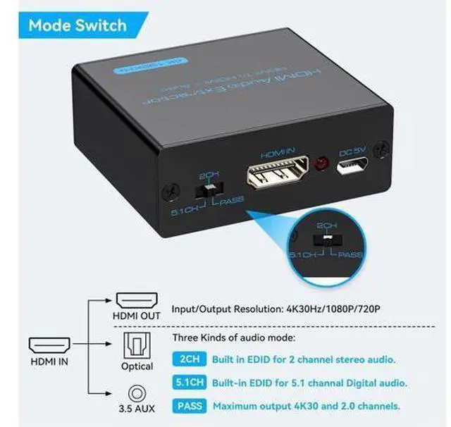Alt view image 5 of 7 - HDMI Audio Extractor 4K HDMI to Optical 3.5mm AUX Audio Adapter Splitter Converter Support HDCP Digital DTS 5.1 PCM