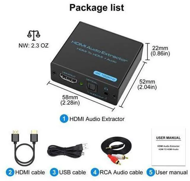 Alt view image 7 of 7 - HDMI Audio Extractor 4K HDMI to Optical 3.5mm AUX Audio Adapter Splitter Converter Support HDCP Digital DTS 5.1 PCM